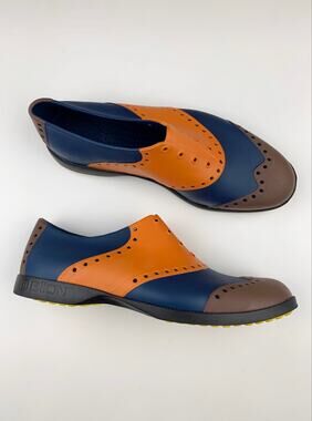 Biion The Oxford Golf Shoes Brown Blue Orange Slip On Spikeless Men's 10